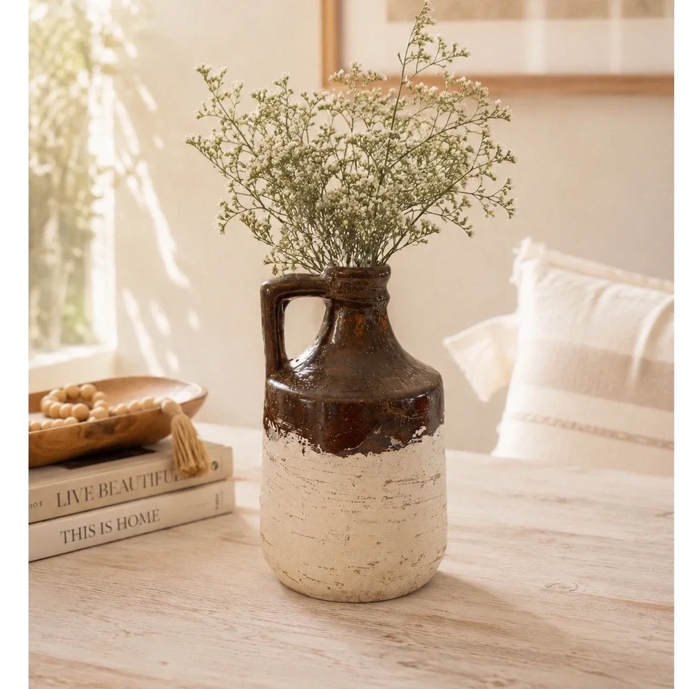 Rustic Farmhouse Ceramic Stoneware Jug Distressed White Bronze Brown 7.75‎ Inch